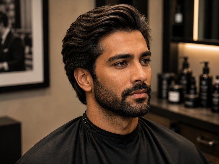 Brush back hairstyle with textured movement and soft scissor-over-comb blending throughout the sides.