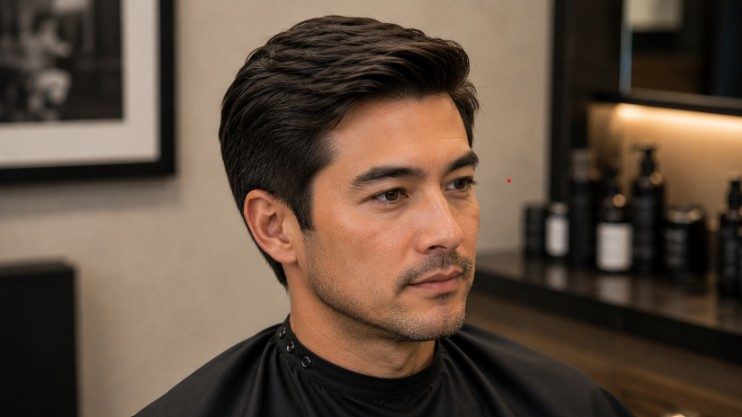 Professional business haircut with natural scissor-over-comb blending and soft transitions around the sides.
