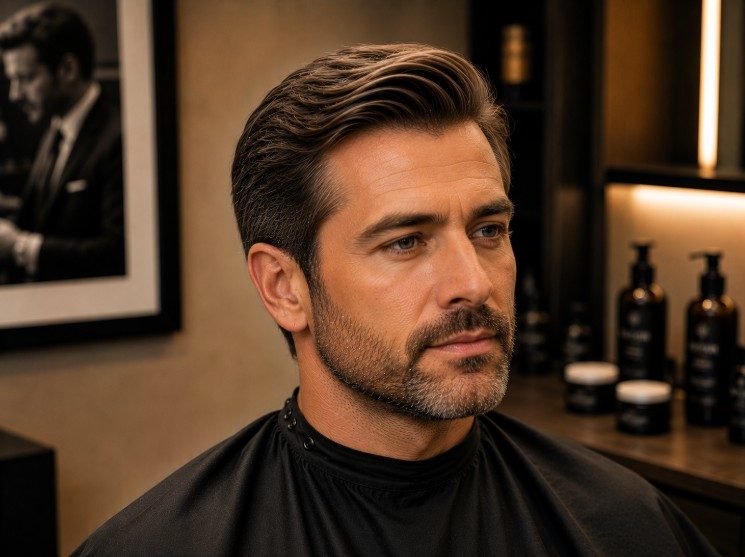 Comb over hairstyle with seamless side blending and natural scissor-over-comb craftsmanship.