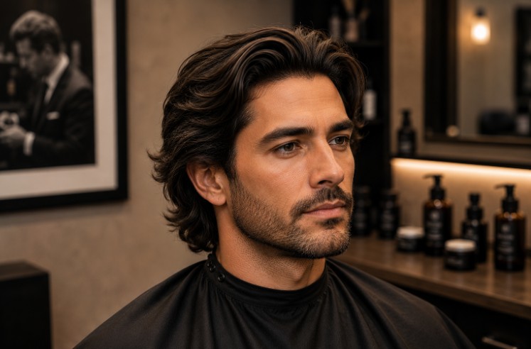 Bro Flow hairstyle with medium-length textured hair shaped using the scissor over comb technique.
