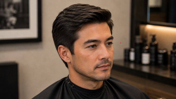Professional business haircut with natural scissor-over-comb blending and soft transitions around the sides.