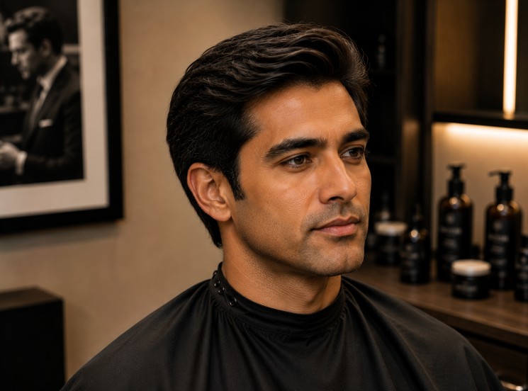 Classic men's haircut with soft natural blending created using the traditional scissor over comb technique.