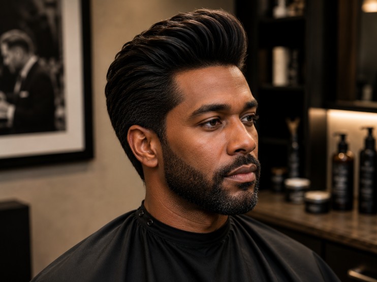 Classic pompadour haircut with natural volume and expertly blended sides created using scissors.