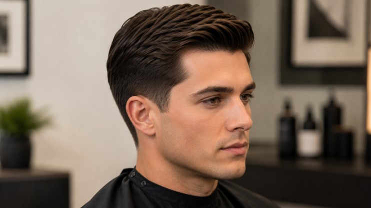 Classic taper haircut created using the scissor over comb technique with natural blended sides and a tailored finish.