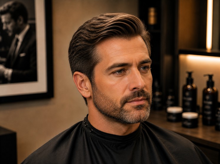 Comb over hairstyle with seamless side blending and natural scissor-over-comb craftsmanship.