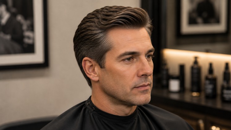 Executive contour haircut shaped with the scissor over comb technique for a refined and tailored finish.