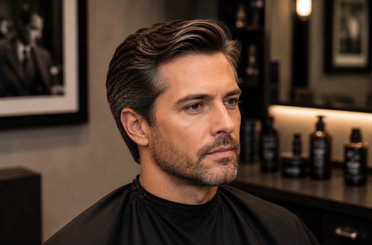 Timeless gentleman cut featuring handcrafted scissor-over-comb blending and classic proportions.