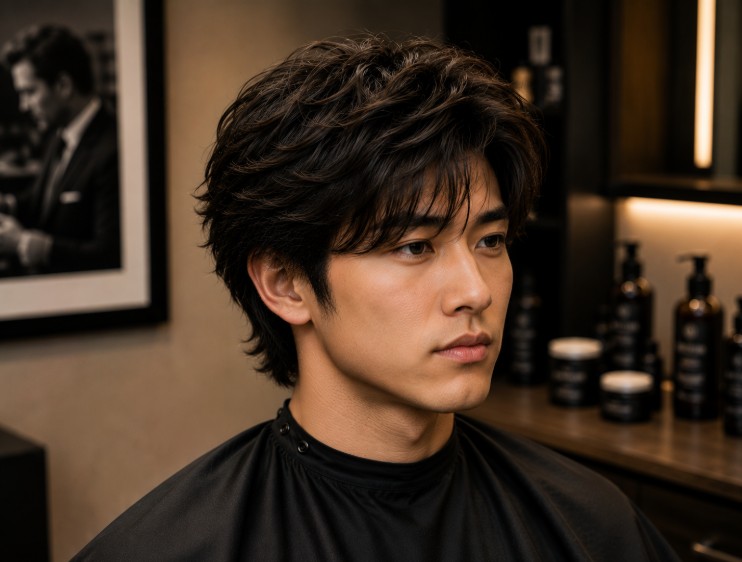 Men's layered scissor haircut showcasing natural texture, movement, and handcrafted barbering precision.
