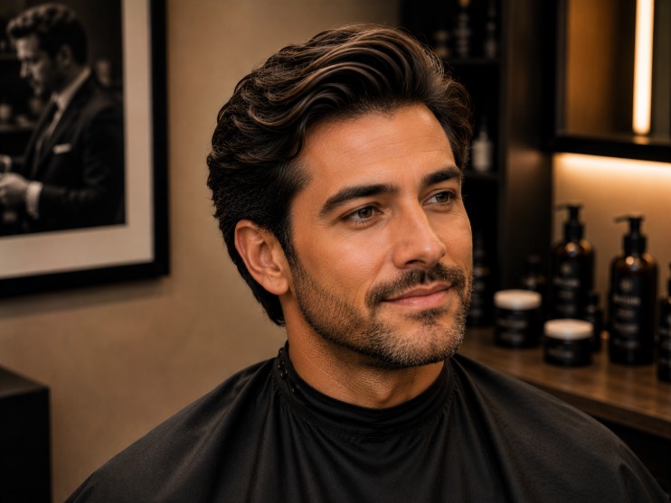 Modern gentleman's sweep hairstyle with natural movement and expertly blended scissor-over-comb sides.