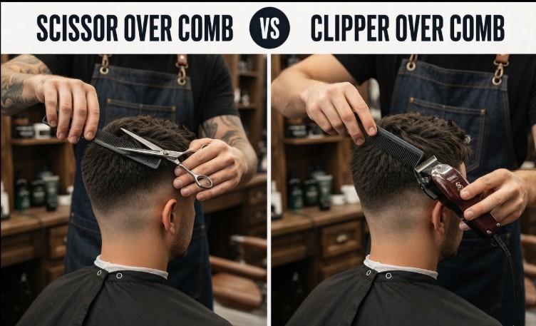 Side by side comparison of scissor over comb and clipper over comb techniques performed by a barber.