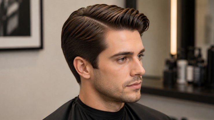 Classic side part haircut with naturally blended sides created using the scissor over comb barbering technique.