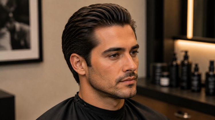 Slick back hairstyle with naturally blended sides crafted using the scissor over comb barbering technique.